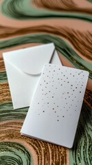 A white card with a gold polka dot pattern and a matching white envelope rest on a marbled surface with swirling colors of peach, green, and gold.