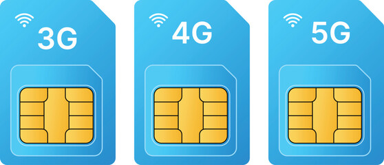 Three blue SIM cards showing 3G 4G and 5G connectivity SIM card mobile