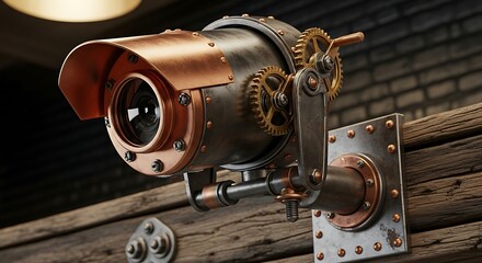 Steampunk Security Camera: Brass and Copper Details on a Weathered Wood Backdrop for Retro Futuristic Surveillance Systems