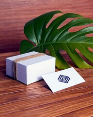 A white gift box, a large green monstera leaf, and a business card with a geometric logo are arranged on a wooden surface.