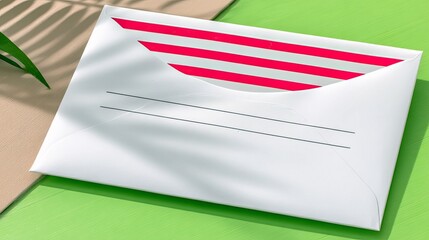 A white envelope with a red striped interior flap rests on a bright green surface, casting shadows from nearby foliage.