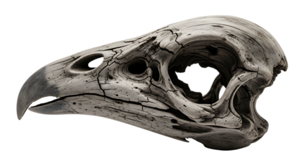 Weathered bird skull with visible cracks and imperfections isolated on transparent background, showcasing the intricate details of the bone structure