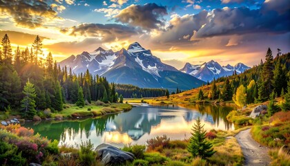 Stunning vista featuring majestic snow-capped mountains reflected in a serene lake surrounded by lush green forests at sunset. The sky displays vibrant colours