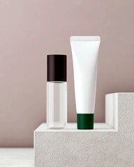 A clear glass bottle with a black cap and a white tube with a green base are displayed on a textured concrete surface.
