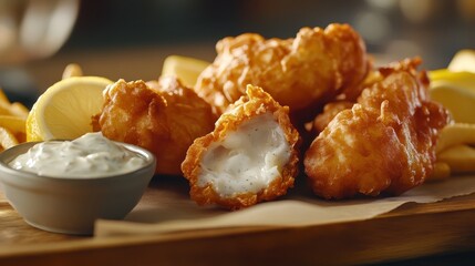 Close up shot of a delicious portion of fish and chips