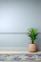 A simple interior scene featuring a green potted plant in a woven basket next to a colorful geometric rug on a tiled floor.