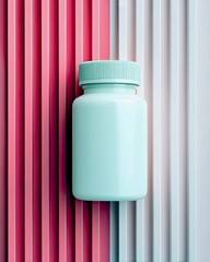 A light blue pill bottle with a ribbed cap is centered against a backdrop of alternating pink and white vertical slats.