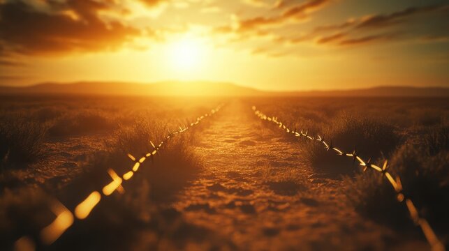 Barbed Wire Fences Stretched Across a Barren Sunset Landscape - Powered by Adobe
