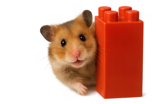 Hamster peeking from behind a red building block on a transparent background, expressing curiosity and playfulness