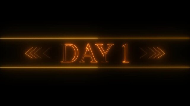 Orange Neon Glow Text DAY1 with Double Horizontal Lines and Arrow Accents on Black Background day 1