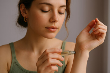 Obraz premium Serene young woman applying essential oil to wrist, enjoying natural aroma and wellness self care ritual at home