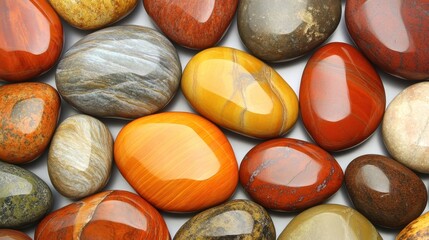 Close up of smooth polished river stones in natural lighting