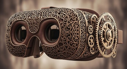 Steampunk VR Headset: Intricate Victorian Design with Gears and Leather Accents for Futuristic Exploration