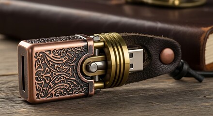 Steampunk USB Drive: Ornamental Flash Drive with Etched Metal, Leather Details, and Brass Accents on Wood