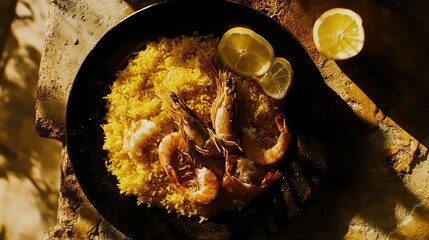 Close up view of Spanish Paella with shrimp and lemon on a plate