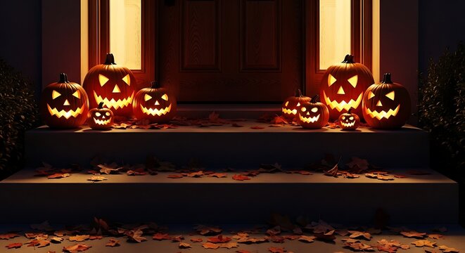 An enchanting array of glowing jack-o'-lanterns illuminating the festive steps of a home on a crisp autumn evening, creating a welcoming yet spooky Halloween atmosphere for celebrations