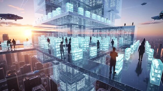 Futuristic Cityscape: Transparent Buildings, Flying Vehicles, and Silhouetted People - Powered by Adobe
