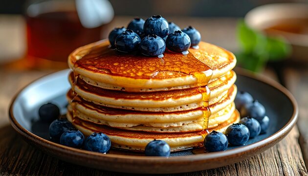 Stack of fluffy pancakes topped with fresh blueberries and syrup - Powered by Adobe