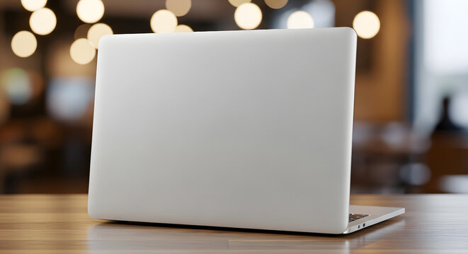 Rear view of a modern laptop computer on a wooden table, illustrating a remote work setup in a cafe with a blurred background