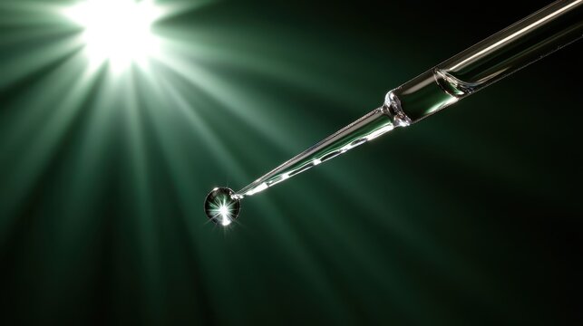 Clear liquid droplet suspended on pipette tip with bright light