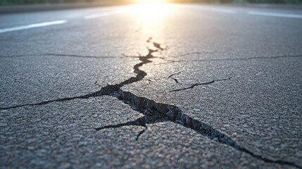 Cracked asphalt road surface with spiderweb pattern