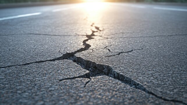 Cracked asphalt road surface with spiderweb pattern