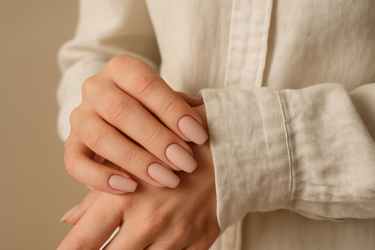 Woman showcasing elegant nude manicure with neatly shaped nails on both hands, wearing soft beige shirt, minimalist nail design