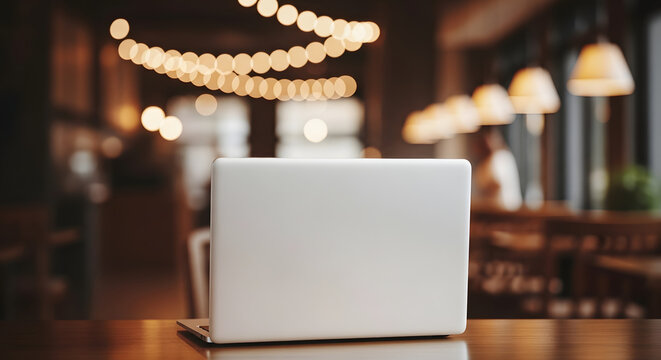 Laptop computer resting on a wooden table within a blurred, inviting cafe setting adorned with warm bokeh string lights, ideal for remote work or study
