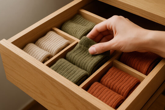 Organized drawer with neatly folded wool socks in various earth tones, minimalist storage and efficient clothing arrangement