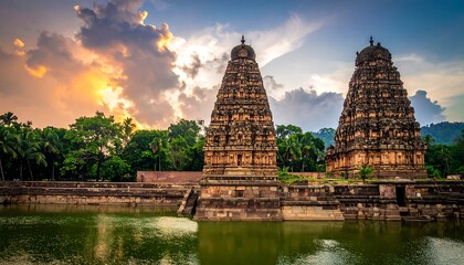 Ancient structures reflected in calm water with a colorful sunset