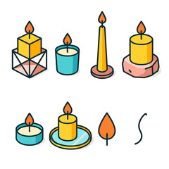 Modern Candle Icons. Modern Candle Design modern flat icon set: geometric holder, small votive, tall taper, stone base, tealight, mirror tray, candle flame, wick.