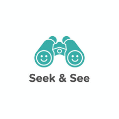 Turquoise binoculars illustration with smiling faces above "Seek & See" text on white background