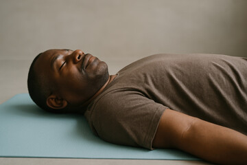 Calm man practicing relaxation on yoga mat, lying on back with closed eyes, enjoying peaceful mindfulness and stress relief