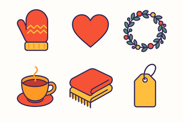 Cozy Winter Icons. Warm Wishes modern flat icon set: knitted mitten, heart symbol, floral wreath, cup of tea, cozy blanket, gift tag.