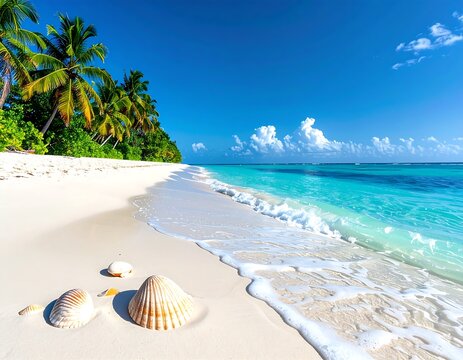 Tropical beach scene with clear blue water and white sand - Powered by Adobe