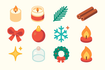 Festive Aromatic Icons. Aromatic Christmas Decor modern flat icon set: scented candle, wax jar, pine branch, cinnamon, ribbon bow, ornament, snowflake shimmer, cozy flame, star