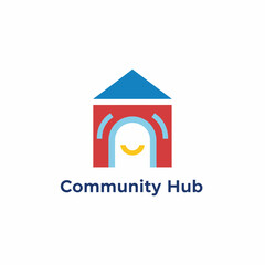 Colorful logo featuring a house-like structure with a blue roof, red walls, and arched doorway