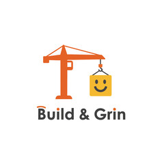 A construction crane lifts a smiling, yellow square. Text below says "Build & Grin