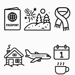 Winter Escape Icons. New Year Winter Escape outline icon set: passport, fireworks, snowy landscape, scarf, cozy cabin, airplane, calendar, hot drink.