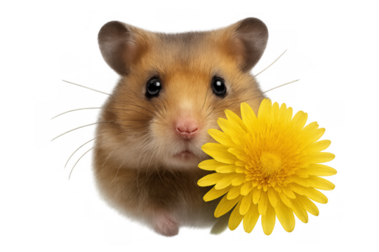 Hamster peeking out holding a yellow dandelion flower, cute pet animal close-up, transparent background