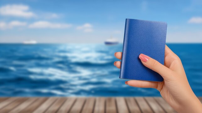 Close up of human hand holding stylish blue passport holder symbolizing global travel secure identification and journey preparation.