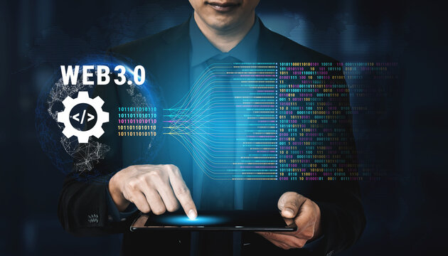 The concept of Web 3.0 development and decentralized data processing. The flow of binary code and information in the next generation internet. Motif