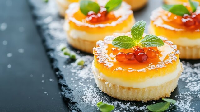 Close up of gourmet desserts with fresh fruit and mint leaves