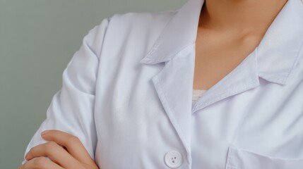 Confident woman in white lab coat professional pose scientific research medical setting laboratory environment healthcare expert.