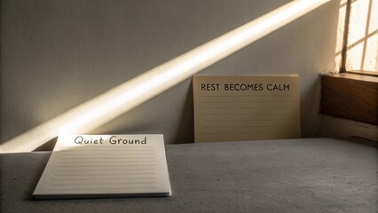 Tranquil workspace with motivational notes illuminated by soft sunlight, featuring 'Quiet Ground' and 'Rest Becomes Calm'