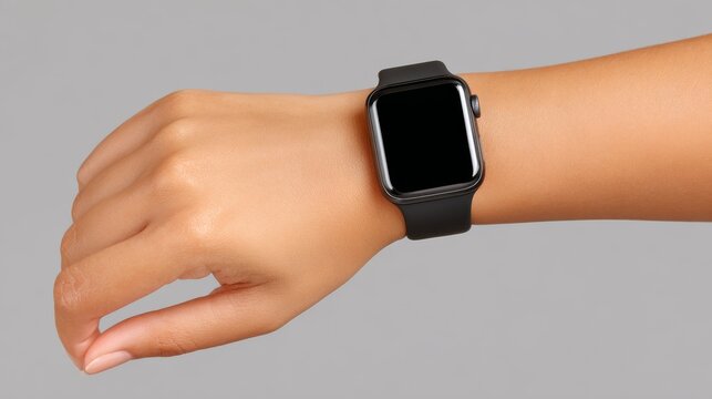 Elegant woman's hand gracefully holding advanced smartwatch displaying time and notifications with modern design.