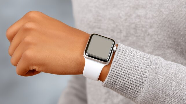 Elegant woman's wrist showcasing sleek white smartwatch modern wearable technology fashion accessory.