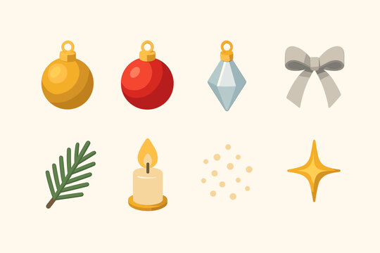 Elegant Christmas Bauble Icons. Elegant Christmas Baubles modern flat icon set: matte gold ornament, red shimmer ball, crystal detail, silver ribbon, pine sprig, candle glow, snow