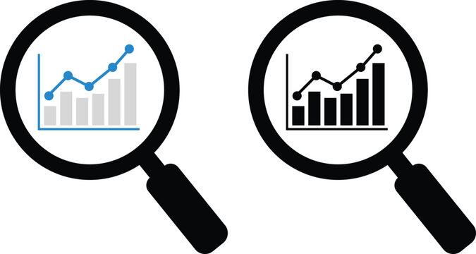 Magnifying glass over bar and line graphs showing upward trend chart data