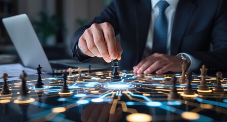 financial  freedom  independence  strategy  businessman concept. Businessman strategizing over a futuristic chessboard.